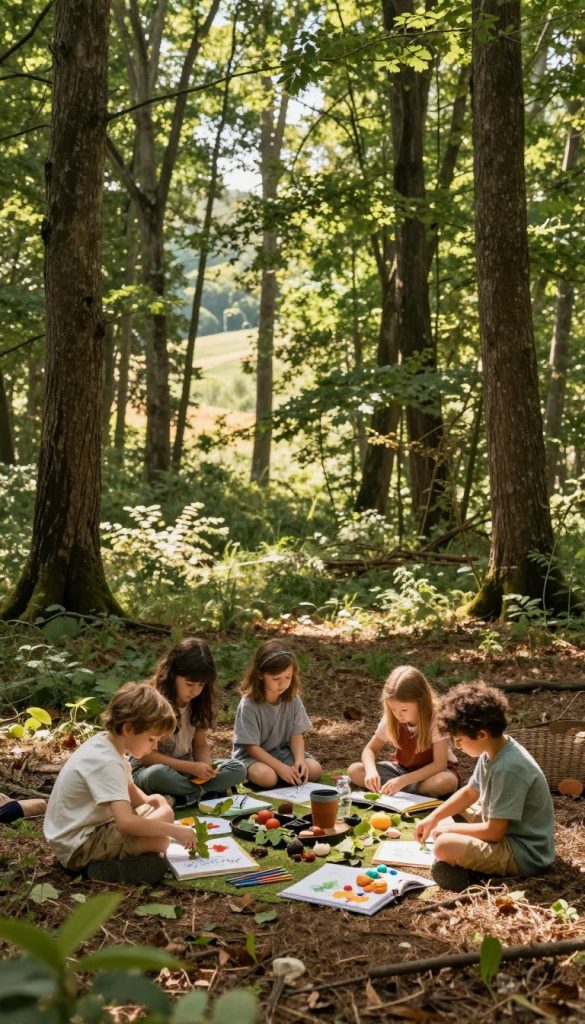 A serene forest scene featuring a lush, green woodland filled with tall trees, dappled sunlight filtering through the leaves, creating warm, inviting spots on the forest floor. In the foreground, a small group of children engaged in outdoor learning activities, such as collecting leaves and examining insects, dressed in comfortable, modest clothing that blends with nature. The middle ground shows a picnic setup with nature-themed DIY materials, like colored pencils and sketchbooks, reflecting a creative atmosphere. In the background, gentle hills are visible, further enhancing the idyllic woodland setting. The overall mood is enchanting and inspiring, encouraging a sense of exploration and connection with nature, reminiscent of a Pinterest aesthetic. The branding "KlickKiste" subtly integrated into the scene through organic elements like leaves or stones. A serene forest scene featuring a lush, green woodland filled with tall trees, dappled sunlight filtering through the leaves, creating warm, inviting spots on the forest floor. In the foreground, a small group of children engaged in outdoor learning activities, such as collecting leaves and examining insects, dressed in comfortable, modest clothing that blends with nature. The middle ground shows a picnic setup with nature-themed DIY materials, like colored pencils and sketchbooks, reflecting a creative atmosphere. In the background, gentle hills are visible, further enhancing the idyllic woodland setting. The overall mood is enchanting and inspiring, encouraging a sense of exploration and connection with nature, reminiscent of a Pinterest aesthetic. The branding "KlickKiste" subtly integrated into the scene through organic elements like leaves or stones.