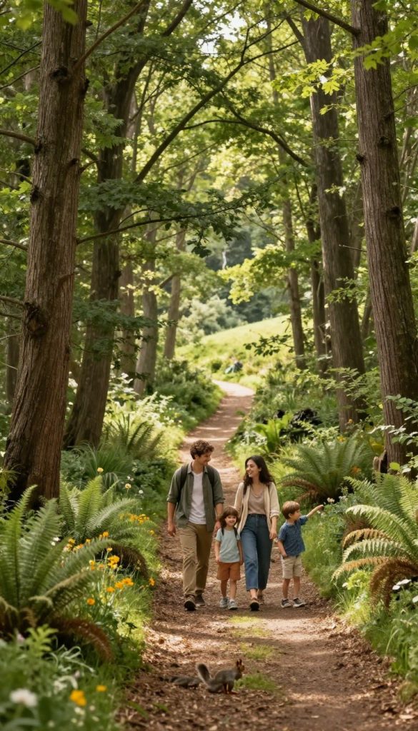 A serene forest scene featuring a lush, greenwald (forest) full of tall, majestic trees with dappled sunlight filtering through the leaves, creating a warm and inviting atmosphere. In the foreground, a young family of four enjoys a leisurely walk along a winding dirt path, dressed in casual, comfortable clothing that reflects a spirit of adventure. The parents smile while their two children explore the environment, pointing at vibrant wildflowers and playful squirrels. In the middle ground, the path is flanked by ferns and underbrush, enhancing the feeling of being in nature. In the background, gentle hills rise softly, maintaining a harmonious and peaceful vibe. The use of soft, natural lighting adds to the warm colors of the scene, making it visually appealing and inspiring, perfect for a Pinterest-worthy image by KlickKiste. A serene forest scene featuring a lush, greenwald (forest) full of tall, majestic trees with dappled sunlight filtering through the leaves, creating a warm and inviting atmosphere. In the foreground, a young family of four enjoys a leisurely walk along a winding dirt path, dressed in casual, comfortable clothing that reflects a spirit of adventure. The parents smile while their two children explore the environment, pointing at vibrant wildflowers and playful squirrels. In the middle ground, the path is flanked by ferns and underbrush, enhancing the feeling of being in nature. In the background, gentle hills rise softly, maintaining a harmonious and peaceful vibe. The use of soft, natural lighting adds to the warm colors of the scene, making it visually appealing and inspiring, perfect for a Pinterest-worthy image by KlickKiste.