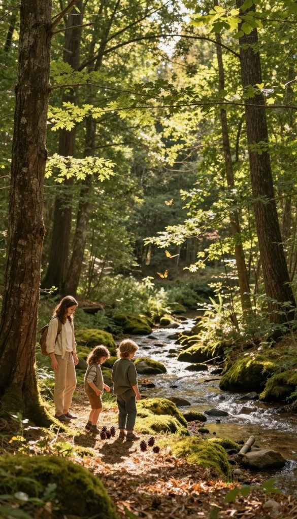 A serene forest scene, showcasing a lush, vibrant Wald filled with towering green trees, dappled sunlight filtering through leaves, and a soft forest floor carpeted with moss and fallen leaves. In the foreground, a family with two children enjoys a playful adventure, gathering pine cones and exploring their surroundings, dressed in modest casual clothing. The middle ground features a small, sparkling creek weaving through rocks, with butterflies fluttering nearby, enhancing the feeling of discovery. In the background, layers of trees fade softly into the distance, creating a sense of depth. The warm colors of a golden afternoon provide a cozy, inviting atmosphere, ideal for family bonding. The image evokes an authentic, Pinterest-inspired vibe, reflecting the essence of outdoor exploration with “KlickKiste.” A serene forest scene, showcasing a lush, vibrant Wald filled with towering green trees, dappled sunlight filtering through leaves, and a soft forest floor carpeted with moss and fallen leaves. In the foreground, a family with two children enjoys a playful adventure, gathering pine cones and exploring their surroundings, dressed in modest casual clothing. The middle ground features a small, sparkling creek weaving through rocks, with butterflies fluttering nearby, enhancing the feeling of discovery. In the background, layers of trees fade softly into the distance, creating a sense of depth. The warm colors of a golden afternoon provide a cozy, inviting atmosphere, ideal for family bonding. The image evokes an authentic, Pinterest-inspired vibe, reflecting the essence of outdoor exploration with “KlickKiste.”