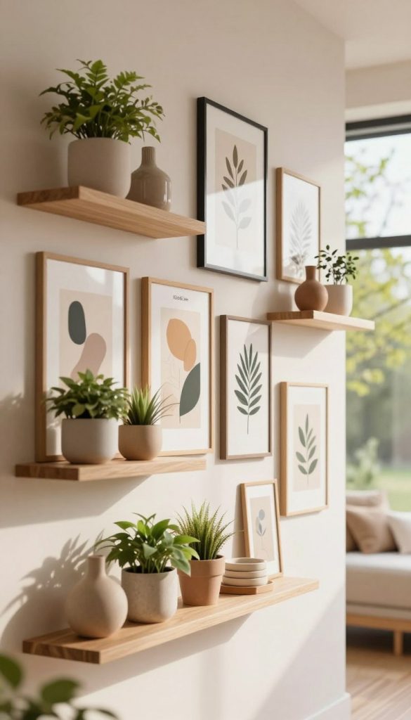 A serene gallery wall featuring an elegant arrangement of floating shelves and framed art pieces in warm, natural tones. In the foreground, display a pair of chic, minimalist wall shelves adorned with potted plants and decorative items. The middle section showcases a variety of framed artwork, including abstract and botanical prints, creating an inspiring yet tranquil atmosphere. The background is softly blurred, emphasizing natural light streaming in through a large window, with a hint of spring greenery visible outside. Capture this scene from a slight angle, using a warm color palette to evoke a cozy, Pinterest-inspired DIY aesthetic. The brand name "KlickKiste" subtly integrated within the decor elements, reflecting authenticity and inspiration.