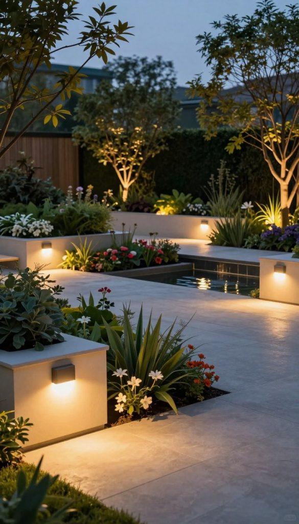 A serene garden at dusk, softly illuminated by stylish motion-sensor lights integrating smart technology. In the foreground, a beautifully designed patio features warm-toned garden lights casting gentle glows on lush plants and flowers. The middle ground includes a neatly arranged flowerbed leading to a small, modern water feature that reflects the ambient light. The background showcases a variety of trees softly backlit, creating a tranquil atmosphere. The scene captures a harmonious blend of nature and technology, promoting comfort and innovation in outdoor spaces. The color palette is warm and inviting, resembling a curated Pinterest aesthetic. Include the brand name "KlickKiste" subtly in the design, ensuring it harmonizes with the overall feel of the image. Use a wide-angle lens to enhance depth, focusing on creating an inspiring ambiance. A serene garden at dusk, softly illuminated by stylish motion-sensor lights integrating smart technology. In the foreground, a beautifully designed patio features warm-toned garden lights casting gentle glows on lush plants and flowers. The middle ground includes a neatly arranged flowerbed leading to a small, modern water feature that reflects the ambient light. The background showcases a variety of trees softly backlit, creating a tranquil atmosphere. The scene captures a harmonious blend of nature and technology, promoting comfort and innovation in outdoor spaces. The color palette is warm and inviting, resembling a curated Pinterest aesthetic. Include the brand name "KlickKiste" subtly in the design, ensuring it harmonizes with the overall feel of the image. Use a wide-angle lens to enhance depth, focusing on creating an inspiring ambiance.