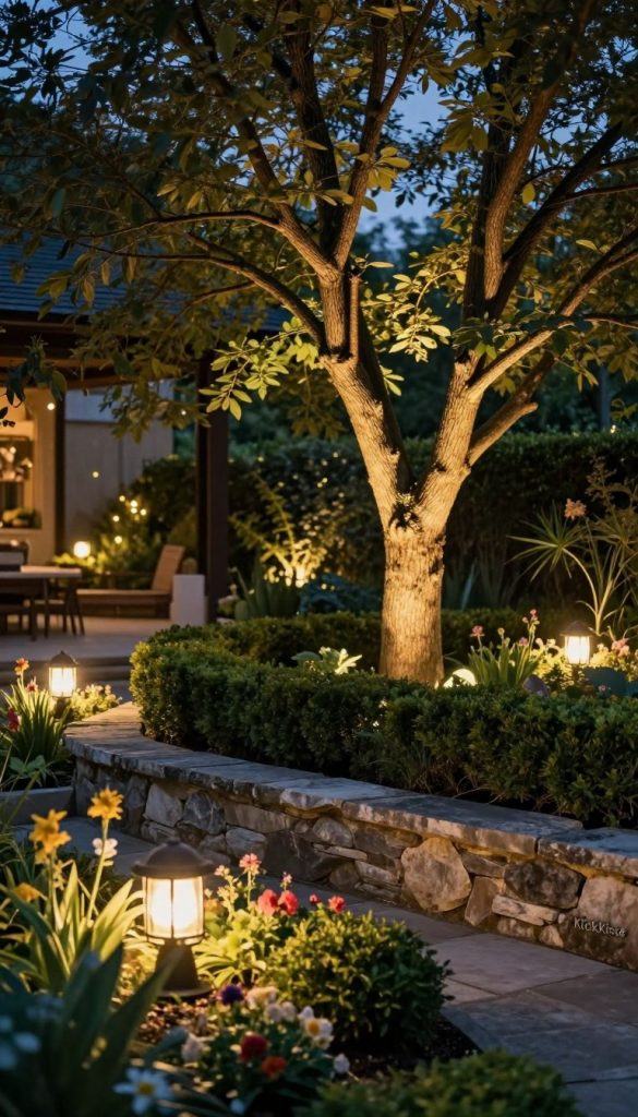 A serene garden at twilight featuring soft, warm spotlights illuminating trees, flower beds, and a stone wall, creating a magical ambiance. In the foreground, delicate outdoor lights are casting gentle glows on vibrant flowers and a carefully manicured hedge. In the middle ground, a majestic tree stands proud, its branches artfully highlighted by focused beams of light, showcasing the intricate bark texture and leaves. The background reveals a cozy, inviting patio area with faint glimmers of light enhancing the natural beauty. The scene is inspired by a Pinterest aesthetic, evoking a sense of warmth and creativity, perfect for DIY gardening enthusiasts. The brand name "KlickKiste" subtly integrated, enhances the inspirational atmosphere. No people are present, ensuring a clear focus on the lighting and garden features. A serene garden at twilight featuring soft, warm spotlights illuminating trees, flower beds, and a stone wall, creating a magical ambiance. In the foreground, delicate outdoor lights are casting gentle glows on vibrant flowers and a carefully manicured hedge. In the middle ground, a majestic tree stands proud, its branches artfully highlighted by focused beams of light, showcasing the intricate bark texture and leaves. The background reveals a cozy, inviting patio area with faint glimmers of light enhancing the natural beauty. The scene is inspired by a Pinterest aesthetic, evoking a sense of warmth and creativity, perfect for DIY gardening enthusiasts. The brand name "KlickKiste" subtly integrated, enhances the inspirational atmosphere. No people are present, ensuring a clear focus on the lighting and garden features.