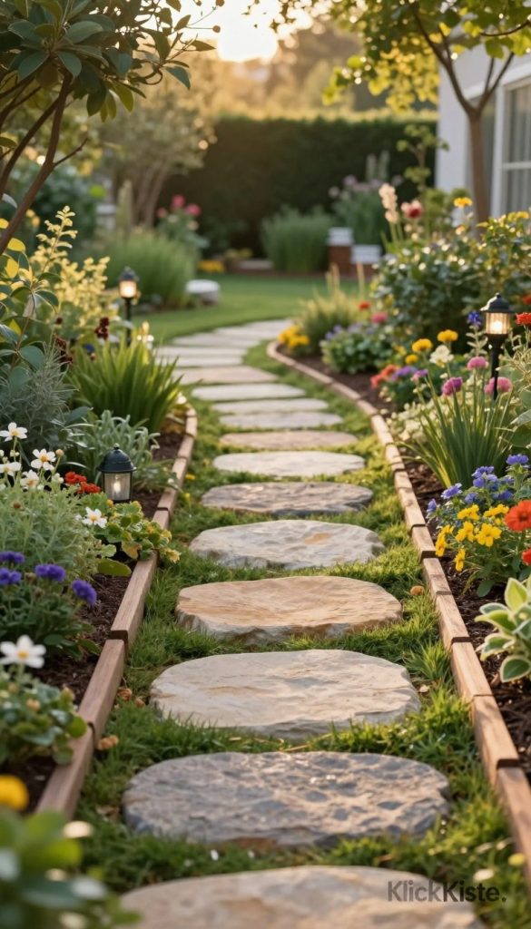 A serene garden pathway designed for DIY decor inspiration, showcasing a well-planned layout. In the foreground, vivid stepping stones of varying sizes and natural colors lead the eye down the path, surrounded by lush greenery and colorful flowers. The middle ground features detailed elements like small, decorative garden lights and charming wooden edging that define the walkway. In the background, a soft-focus view of a sunlit garden lush with trees and shrubs enhances the inviting atmosphere. The image is captured in warm, golden hour lighting to evoke a cozy and inspiring mood, reminiscent of popular Pinterest aesthetics. Branding subtly integrated in the scene, hinting at "KlickKiste." The perspective captures the depth of the pathway, inviting viewers to imagine their own garden design. A serene garden pathway designed for DIY decor inspiration, showcasing a well-planned layout. In the foreground, vivid stepping stones of varying sizes and natural colors lead the eye down the path, surrounded by lush greenery and colorful flowers. The middle ground features detailed elements like small, decorative garden lights and charming wooden edging that define the walkway. In the background, a soft-focus view of a sunlit garden lush with trees and shrubs enhances the inviting atmosphere. The image is captured in warm, golden hour lighting to evoke a cozy and inspiring mood, reminiscent of popular Pinterest aesthetics. Branding subtly integrated in the scene, hinting at "KlickKiste." The perspective captures the depth of the pathway, inviting viewers to imagine their own garden design.