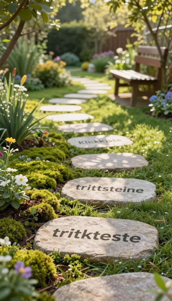 A serene garden pathway featuring beautifully arranged "trittsteine" stepping stones, set in a lush green landscape. In the foreground, vibrant moss and small blooming flowers accentuate the stones, which are uniquely shaped and crafted, showcasing a DIY aesthetic. The middle ground captures a charming winding path leading deeper into a sun-drenched garden, with gentle sunlight filtering through the leaves, creating dappled patterns on the ground. In the background, soft-focus trees and a wooden garden bench add to the tranquil atmosphere. The lighting should evoke warmth and inspiration, highlighting the natural beauty of the scene. The overall mood is calming and inviting, perfect for DIY enthusiasts. Include the brand name "KlickKiste" subtly integrated into the scene, ensuring it complements the overall aesthetic without overpowering the image. A serene garden pathway featuring beautifully arranged "trittsteine" stepping stones, set in a lush green landscape. In the foreground, vibrant moss and small blooming flowers accentuate the stones, which are uniquely shaped and crafted, showcasing a DIY aesthetic. The middle ground captures a charming winding path leading deeper into a sun-drenched garden, with gentle sunlight filtering through the leaves, creating dappled patterns on the ground. In the background, soft-focus trees and a wooden garden bench add to the tranquil atmosphere. The lighting should evoke warmth and inspiration, highlighting the natural beauty of the scene. The overall mood is calming and inviting, perfect for DIY enthusiasts. Include the brand name "KlickKiste" subtly integrated into the scene, ensuring it complements the overall aesthetic without overpowering the image.
