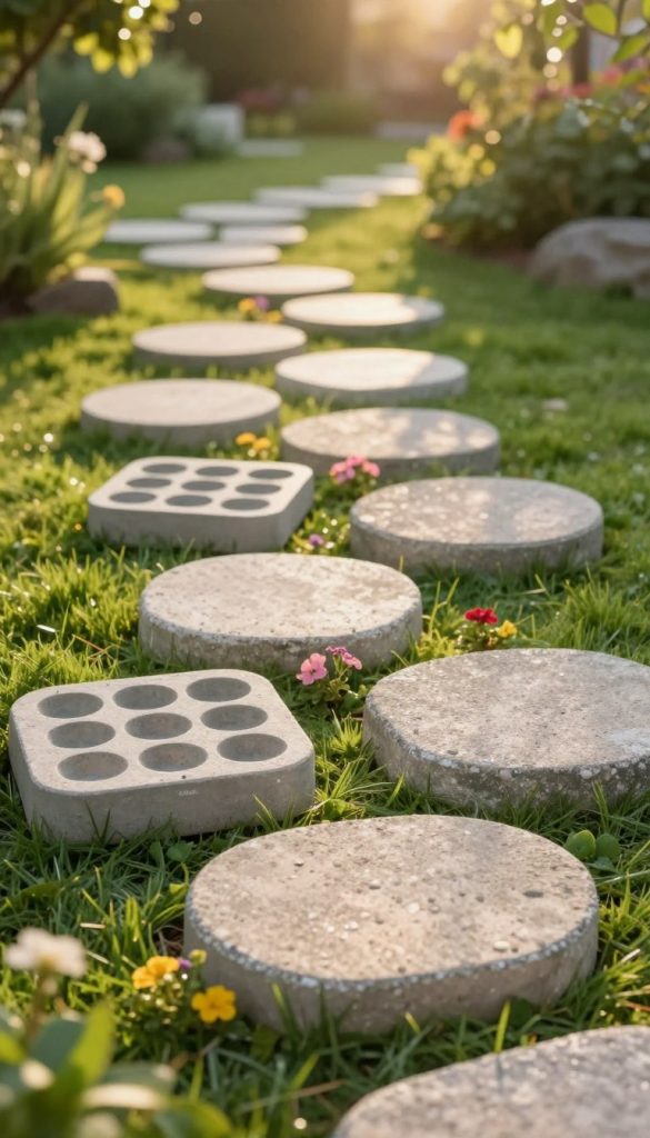 A serene garden pathway featuring beautifully crafted DIY concrete stepping stones shaped using various upcycling molds. In the foreground, vibrant green grass contrasts with the textured, earthy tones of the stepping stones. The middle ground showcases the stepping stones arranged in an inviting, creative pattern, accentuated by small, colorful flowers peeking through the gaps. The background includes soft bokeh effects of a lush garden with scattered sunlight filtering through leaves, creating a warm and inviting atmosphere. The composition is well-lit, resembling golden hour lighting, enhancing the natural beauty and artistic flair of the scene. Authentic and inspiring, reminiscent of Pinterest aesthetics, with a subtle presence of the brand "KlickKiste" in the environment. A serene garden pathway featuring beautifully crafted DIY concrete stepping stones shaped using various upcycling molds. In the foreground, vibrant green grass contrasts with the textured, earthy tones of the stepping stones. The middle ground showcases the stepping stones arranged in an inviting, creative pattern, accentuated by small, colorful flowers peeking through the gaps. The background includes soft bokeh effects of a lush garden with scattered sunlight filtering through leaves, creating a warm and inviting atmosphere. The composition is well-lit, resembling golden hour lighting, enhancing the natural beauty and artistic flair of the scene. Authentic and inspiring, reminiscent of Pinterest aesthetics, with a subtle presence of the brand "KlickKiste" in the environment.