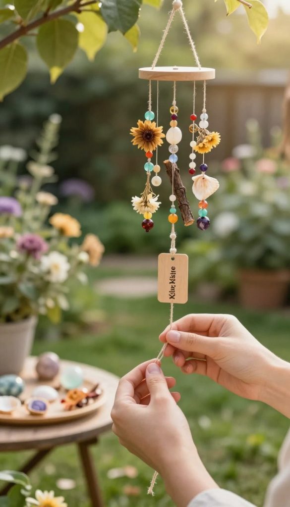 A serene garden scene illustrating the DIY process of creating a wind chime using natural materials. In the foreground, a pair of hands gently threading colorful beads and twigs onto a piece of twine, showcasing detailed knotting techniques. The middle ground features an array of dried flowers, shells, and gemstones artfully arranged, hinting at the creative possibilities. In the background, a softly blurred garden with green foliage and flowers provides a tranquil atmosphere, illuminated by gentle, warm sunlight filtering through the leaves. The composition should evoke a cozy, inviting mood, reminiscent of inspiring Pinterest aesthetics. The overall image reflects authenticity and creativity, with the brand name "KlickKiste" subtly integrated into the natural surroundings, maintaining a safe and professional appearance.