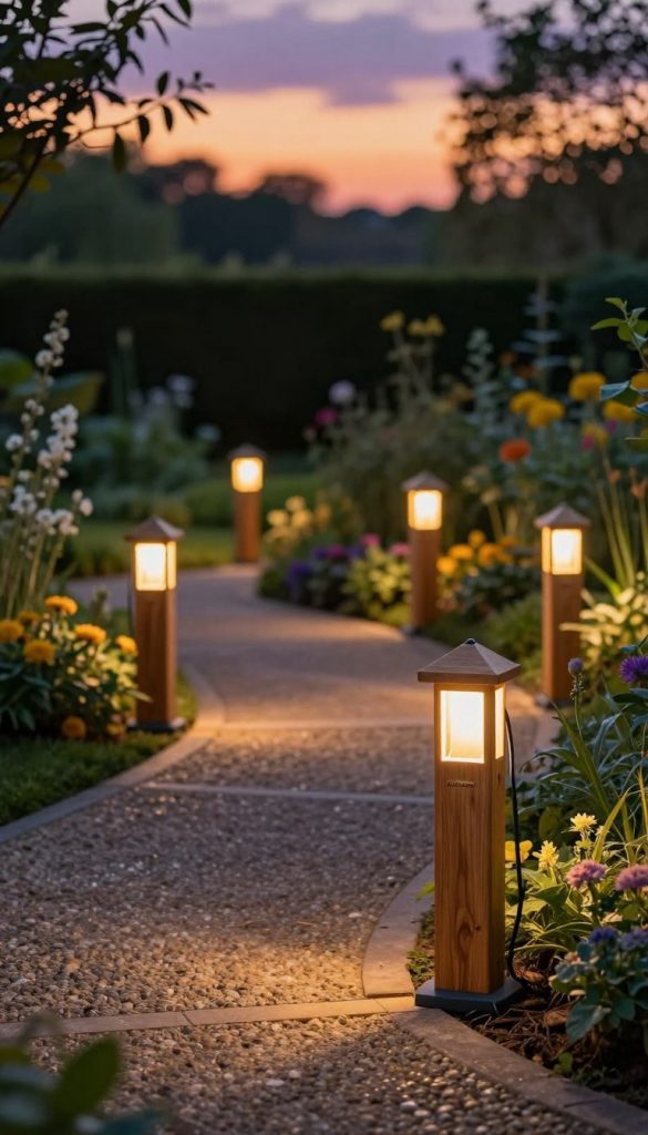 A serene garden scene showcasing elegant wooden post lights designed for pathway illumination, crafted with care and featuring discreet wiring. In the foreground, several beautifully crafted wooden post lights are arranged along a meandering garden path, their warm, inviting glow casting gentle light on the pebbled path. In the middle ground, lush greenery and colorful flowers complement the lighting, enhancing the natural atmosphere. The background features a soft-focus view of trees and a twilight sky, bathed in warm hues of orange and purple, creating a tranquil evening vibe. The image encapsulates an authentic and inspiring Pinterest aesthetic, ideal for a DIY garden lighting theme. Incorporate the brand name “KlickKiste” subtly in the design of the wooden posts without overpowering the visual harmony. A serene garden scene showcasing elegant wooden post lights designed for pathway illumination, crafted with care and featuring discreet wiring. In the foreground, several beautifully crafted wooden post lights are arranged along a meandering garden path, their warm, inviting glow casting gentle light on the pebbled path. In the middle ground, lush greenery and colorful flowers complement the lighting, enhancing the natural atmosphere. The background features a soft-focus view of trees and a twilight sky, bathed in warm hues of orange and purple, creating a tranquil evening vibe. The image encapsulates an authentic and inspiring Pinterest aesthetic, ideal for a DIY garden lighting theme. Incorporate the brand name “KlickKiste” subtly in the design of the wooden posts without overpowering the visual harmony.