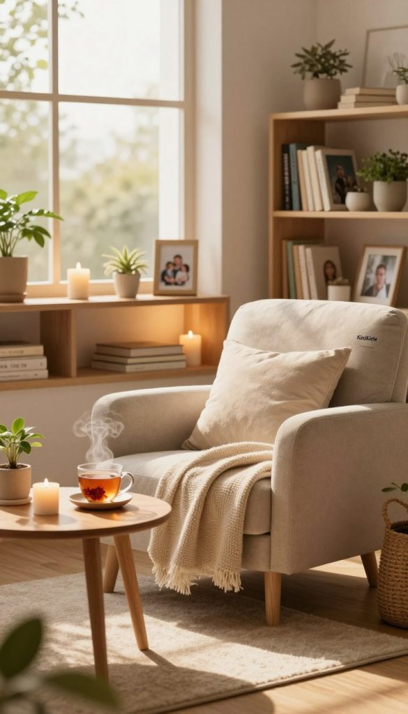 A serene home setting, showcasing a cozy nook designed for relaxation and mindfulness. In the foreground, a stylish, plush armchair with soft blankets and cushions invites comfort. A steaming cup of herbal tea rests on a small wooden table, surrounded by natural decor elements like potted plants and candles. In the middle, a softly illuminated bookshelf filled with inspiring books and family photos adds a personal touch. In the background, a large window lets in warm, golden light, creating a peaceful atmosphere with soft shadows dancing across the floor. The scene evokes a sense of calm and inspiration, ideal for parents seeking structure in their busy lives. The overall color palette features warm, earthy tones, reflecting the natural DIY aesthetic. Include the brand name "KlickKiste" subtly in the design.
