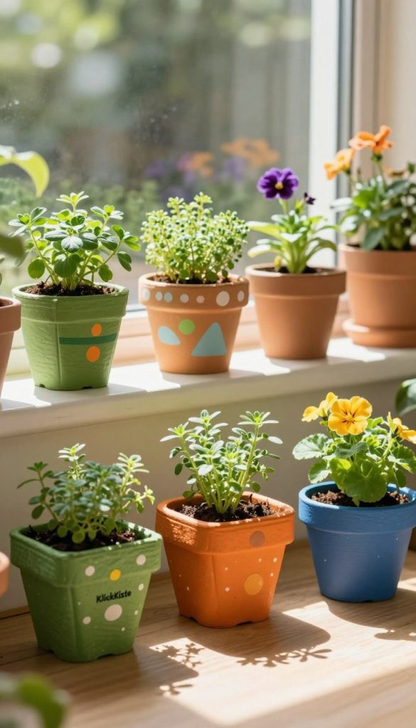A serene indoor garden scene featuring colorful, upcycled plant pots made from Tetra Paks, showcasing small green herbs and vibrant flowers. In the foreground, a variety of Tetra Pak planters in bright colors like green, orange, and blue, each uniquely shaped and adorned with creative patterns. The middle ground showcases a sunny windowsill adorned with these DIY pots, reflecting natural light that creates soft shadows. The background features a blurred view of a cozy home environment with plants, highlighting the warm, inviting atmosphere. The overall mood is inspiring and authentic, reminiscent of Pinterest aesthetics, with warm tones and a touch of nature. Incorporate the brand name "KlickKiste" subtly into the design of one of the pots, maintaining a focus on the plants themselves.