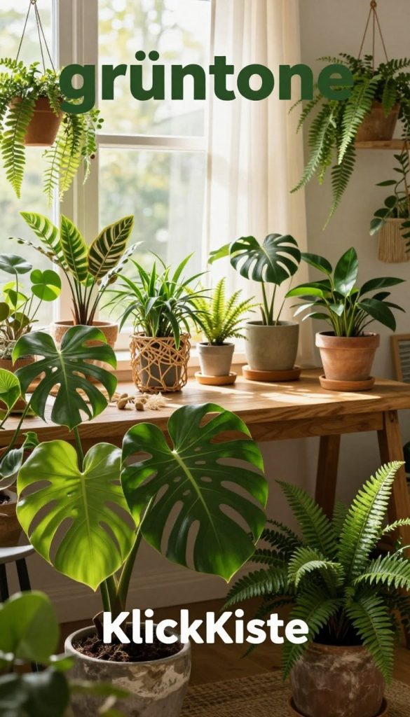 A serene indoor setting showcasing various shades of green ("grüntöne") through lush plants and botanical motifs. In the foreground, vibrant green leaves, including monstera and ferns, are artistically arranged in rustic pots. In the middle ground, a stylish wooden table features DIY plant decor ideas, showcasing intricate plant hangers and natural fibers. The background displays a soft, sunlit window with sheer curtains, enhancing a warm, inviting atmosphere. The scene captures a cozy, authentic Pinterest aesthetic, evoking inspiration for a green oasis at home. The lighting is soft and natural, suggesting late afternoon sunshine, and the overall composition feels fresh and rejuvenating, embodying the essence of nature. This image reflects the ethos of "KlickKiste," promoting a botanical lifestyle.