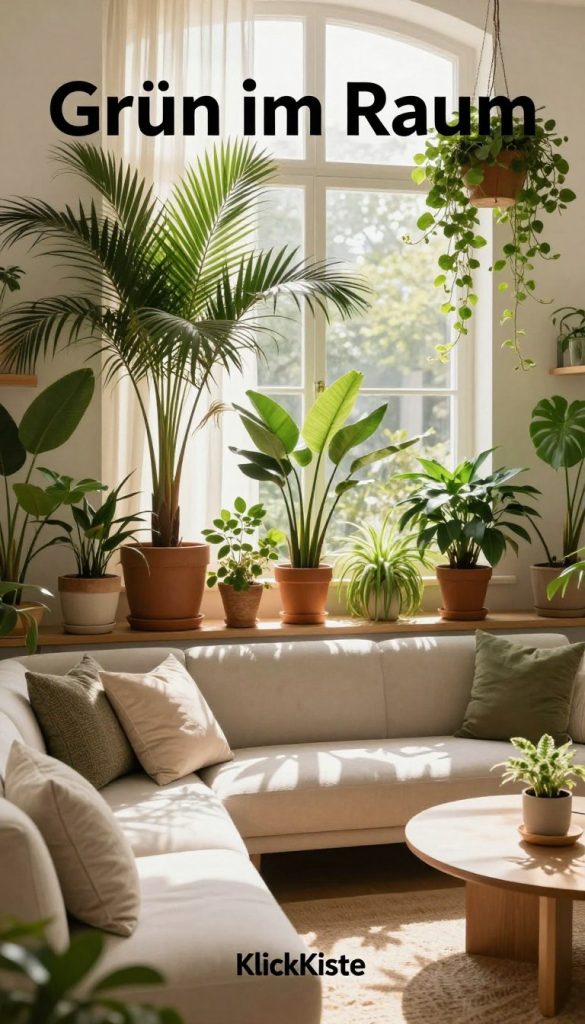 A serene indoor space inspired by the concept of "Grün im Raum," featuring a harmonious blend of lush green plants that create an urban jungle vibe. In the foreground, a cozy seating area with a stylish, light-colored sofa adorned with soft, textured cushions. The middle ground showcases a variety of potted plants, including tall palms and trailing vines, placed on floating shelves and a minimalist coffee table, casting soft shadows. The background reveals a bright, airy window with sheer curtains, allowing warm, natural light to spill into the room. The atmosphere is tranquil and inviting, with earthy tones and an authentic Pinterest aesthetic. Emphasize the brand name "KlickKiste" through the tasteful arrangement of decor elements.