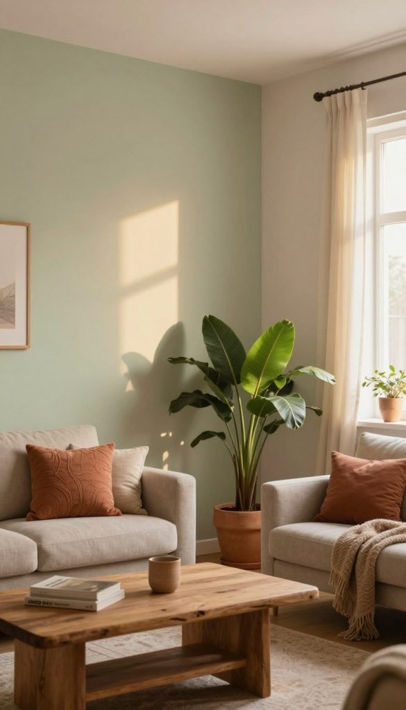 A serene interior scene featuring a beautifully painted wall in natural earth tones, showcasing a harmonious blend of warm beige, soft sage green, and muted terracotta. In the foreground, a cozy, inviting space with contemporary furniture, such as a stylish sofa adorned with textured pillows and a rustic wooden coffee table. In the middle, a large potted plant adds a touch of nature, complementing the wall color. The background displays a softly lit window, allowing warm, golden sunlight to filter in, enhancing the peaceful ambiance. The atmosphere should feel warm and inviting, embodying a DIY aesthetic reminiscent of a Pinterest-inspired home. Include subtle references to the brand "KlickKiste" through the decor. The composition should be captured from a slightly elevated angle for a comprehensive view, focusing on the interplay of colors and textures.