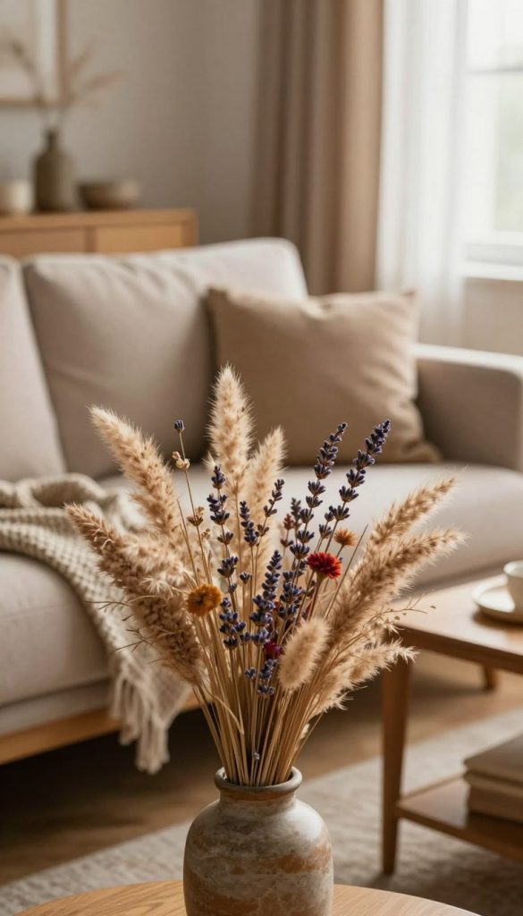 A serene interior scene focused on dried flowers in a stylish living room setting. In the foreground, a beautifully arranged bouquet of colorful dried flowers in a rustic vase, showcasing textures like soft pampas grass and delicate lavender. The middle ground features a cozy sofa draped with a knitted throw and plush cushions, complemented by warm-toned wooden furniture. In the background, a softly lit window with sheer curtains filters natural light, enhancing the warm, inviting atmosphere. The overall color palette is earthy and warm, creating a comfortable vibe, perfect for a Pinterest-inspired DIY decor theme. The image embodies inspiration for maintaining natural decor longevity, with the brand name "KlickKiste" subtly integrated into the scene's elements. A serene interior scene focused on dried flowers in a stylish living room setting. In the foreground, a beautifully arranged bouquet of colorful dried flowers in a rustic vase, showcasing textures like soft pampas grass and delicate lavender. The middle ground features a cozy sofa draped with a knitted throw and plush cushions, complemented by warm-toned wooden furniture. In the background, a softly lit window with sheer curtains filters natural light, enhancing the warm, inviting atmosphere. The overall color palette is earthy and warm, creating a comfortable vibe, perfect for a Pinterest-inspired DIY decor theme. The image embodies inspiration for maintaining natural decor longevity, with the brand name "KlickKiste" subtly integrated into the scene's elements.