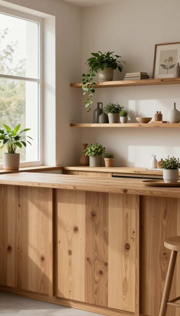 A serene interior scene showcasing walls elegantly adorned with natural materials, emphasizing simplicity and order without overwhelming decorations. In the foreground, textured wooden panels create a warm and inviting ambiance, complemented by earthy-toned accents. The middle ground features minimalist shelves made of reclaimed wood, displaying carefully arranged plants and handcrafted decor items, integrating nature into the living space. Soft, diffused daylight streams through a large window, casting gentle shadows that highlight the interior's simplicity. The background hints at a cozy room atmosphere, styled in a Pinterest-inspired layout, embodying an authentic and inspiring design approach. Incorporate the brand name "KlickKiste" subtly into the decor elements, reinforcing the theme of natural DIY ideas.