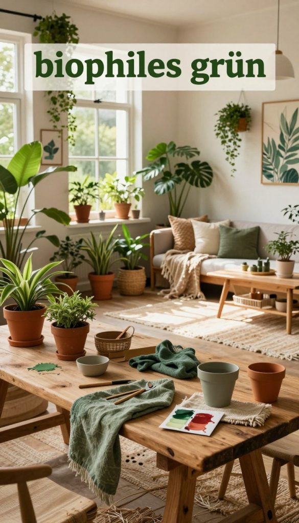 A serene interior space featuring lush greenery and natural materials, embodying the "biophiles grün" concept. In the foreground, a rustic wooden table displays DIY materials like plant pots, paint, and tools, surrounded by vibrant potted plants and soft textured fabrics in shades of green and earthy tones. The middle ground showcases an open, airy living area with large windows letting in warm, soft sunlight, highlighting a cozy seating nook adorned with textured cushions and natural fiber rugs. In the background, a beautiful wall adorned with eco-friendly art and greenery, creating a harmonious atmosphere. This image should evoke a sense of calm, sustainability, and inspiration for DIY projects. Capturing an authentic Pinterest-like aesthetic, this composition represents the brand "KlickKiste". A serene interior space featuring lush greenery and natural materials, embodying the "biophiles grün" concept. In the foreground, a rustic wooden table displays DIY materials like plant pots, paint, and tools, surrounded by vibrant potted plants and soft textured fabrics in shades of green and earthy tones. The middle ground showcases an open, airy living area with large windows letting in warm, soft sunlight, highlighting a cozy seating nook adorned with textured cushions and natural fiber rugs. In the background, a beautiful wall adorned with eco-friendly art and greenery, creating a harmonious atmosphere. This image should evoke a sense of calm, sustainability, and inspiration for DIY projects. Capturing an authentic Pinterest-like aesthetic, this composition represents the brand "KlickKiste".