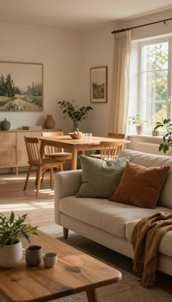 A serene interior space inspired by natural tones, featuring a harmonious blend of earthy colors. In the foreground, a cozy living room area showcases a soft beige sofa adorned with textured cushions in muted greens and browns, alongside a wooden coffee table with a few decorative plants. In the middle ground, a dining space with a light wooden dining table and chairs, illuminated by warm, filtered sunlight coming through large windows. The background reveals subtle natural elements, like wall art depicting nature scenes and soft drapes that enhance the peaceful atmosphere. Create a Pinterest-inspired aesthetic with an authentic DIY vibe, conveying tranquility and inspiration. Ensure the image reflects the brand "KlickKiste" through soft, warm lighting and an inviting ambiance.
