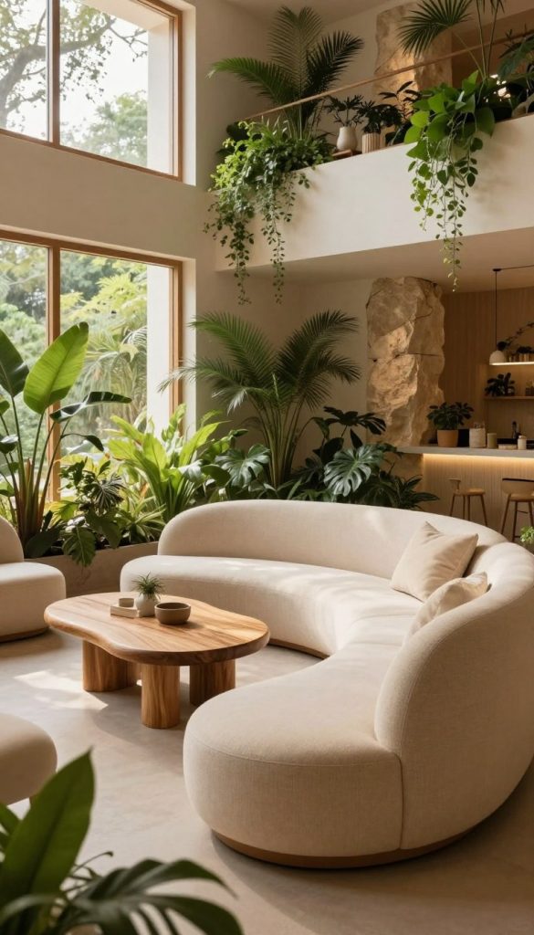 A serene interior space showcasing biophilic design, featuring curved furniture that echoes the gentle forms found in nature. In the foreground, a soft, organic-shaped sofa upholstered in natural fibers, surrounded by lush green plants in various sizes. The middle ground includes a handcrafted wooden coffee table with smooth, rounded edges, and a warm light filtering through large windows that enhances the natural wood tones. The background displays a wall with natural stone accents and additional greenery spiraling around, creating a harmonious connection to the outdoors. The atmosphere is tranquil and inviting, with warm colors that evoke a cozy, Pinterest-inspired DIY setting. The image should subtly incorporate the brand name "KlickKiste" in a seamless manner, ensuring it blends with the overall aesthetic without being intrusive.