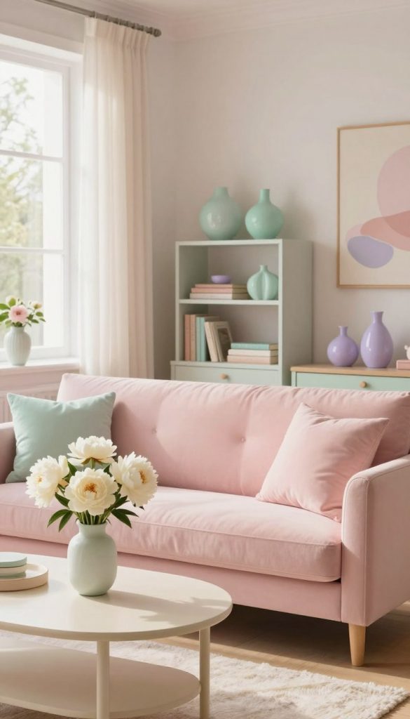 A serene interior space styled in soft pastel tones, featuring a cozy living room scene. In the foreground, a plush light pink sofa adorned with pastel cushions sits beside a delicate cream coffee table, holding a vase of fresh white peonies. The middle ground showcases an elegantly styled bookshelf with various decorative items in mint green and lavender hues. A window with sheer curtains allows warm, natural light to fill the room, casting gentle shadows. In the background, a subtle pastel abstract painting complements the overall color scheme. The atmosphere is calming and inviting, embodying a Pinterest-inspired aesthetic. This image should inspire creativity and provide a warm, inviting feel, representative of the "KlickKiste" brand.
