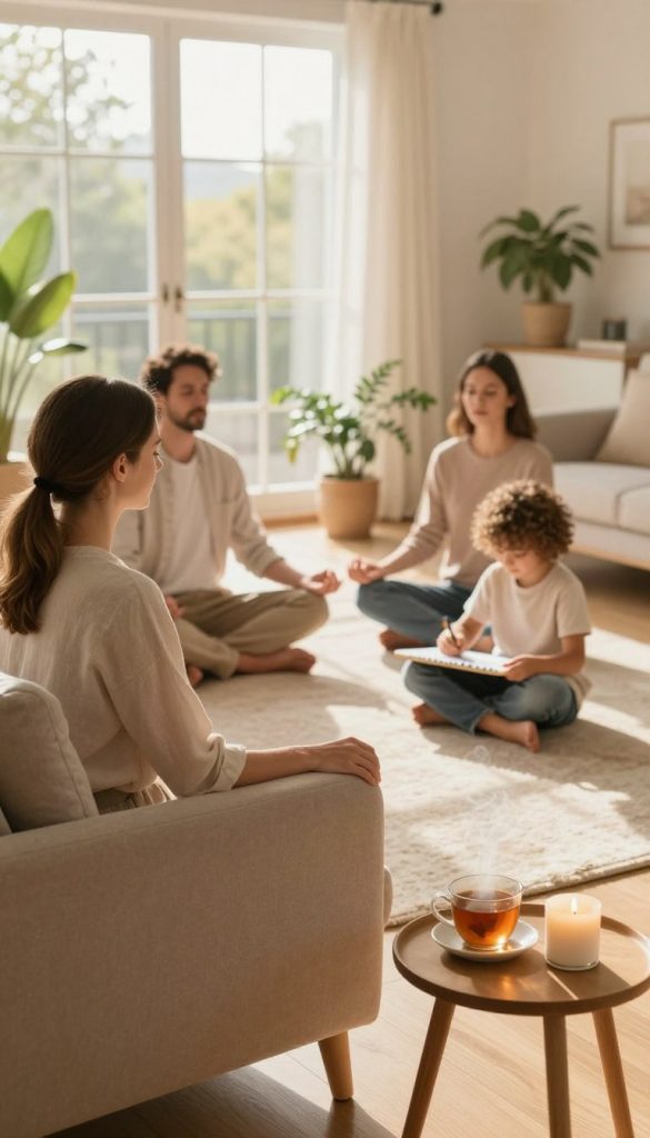 A serene, inviting living room scene designed to evoke stress relief and tranquility. In the foreground, a cozy armchair with soft, natural fabrics is positioned next to a small side table adorned with a steaming cup of herbal tea and a scented candle flickering gently. In the middle ground, a family is practicing mindfulness together; a mother and father in modest casual clothing are seated cross-legged on a plush rug, while a child peacefully colors on a sketchpad. The background features large windows with sunlight streaming in, illuminating the space with warm, golden tones that enhance the inviting atmosphere. Potted plants add a touch of nature, creating an authentic Pinterest-inspired vibe. This image reflects the core concept of quickly reducing stress in family life, branded subtly with "KlickKiste."