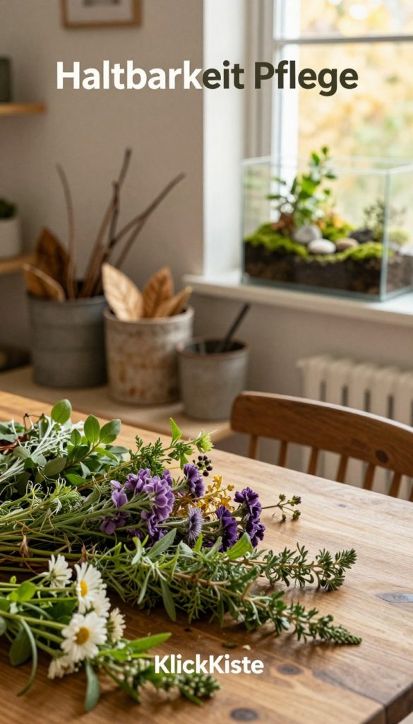 A serene, inviting workspace dedicated to "Haltbarkeit Pflege" for natural decorations. In the foreground, a wooden table adorned with vibrant, freshly cut herbs and blooming flowers, showcasing their authenticity and beauty. The middle ground features a cozy arrangement, with rustic containers filled with natural decorations, like dried leaves and twigs, under soft, warm lighting that creates a peaceful atmosphere. In the background, a window lets in soft sunlight, highlighting a terrarium with moss and stones, emphasizing the theme of nature. The overall mood is calm and inspiring, perfect for DIY enthusiasts. Incorporate warm colors and a Pinterest-inspired aesthetic. Branding element: "KlickKiste" subtly represented within the workspace.
