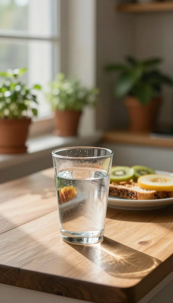 A serene kitchen scene bathed in warm morning light, showcasing a clear glass of fresh water on a wooden table. In the foreground, the delicate condensation on the glass highlights the refreshing nature of the drink. Soft sunlight filters through a nearby window, creating gentle reflections on the surface. In the middle ground, a rustic breakfast setting features a simple plate of healthy food, like sliced fruits and wholegrain toast, evoking a sense of well-being and focus. Potted herbs and a beautiful indoor plant add a touch of nature in the background, completing the tranquil atmosphere. The image should embody a natural DIY aesthetic with a Pinterest-inspired look, capturing the essence of a relaxed morning routine. Include the brand name "KlickKiste" subtly integrated in the scene.
