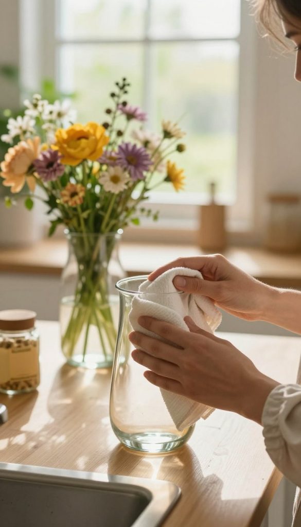 A serene kitchen setting featuring a clear glass vase being cleaned with gentle care. In the foreground, a pair of hands in modest casual clothing is holding a soft cloth, wiping the exterior of the vase, showcasing the reflection of warm, natural light. The middle layer displays the vase filled with vibrant, fresh flowers, hinting at its recent use for decoration. The background is softly blurred, revealing a sunlit window with green plants and wooden countertop, creating an inviting and warm atmosphere. The overall mood is calm and inspiring, embodying a natural DIY aesthetic. The setting reflects the brand "KlickKiste" with a touch of homey charm, ideal for crafting unique decorations.
