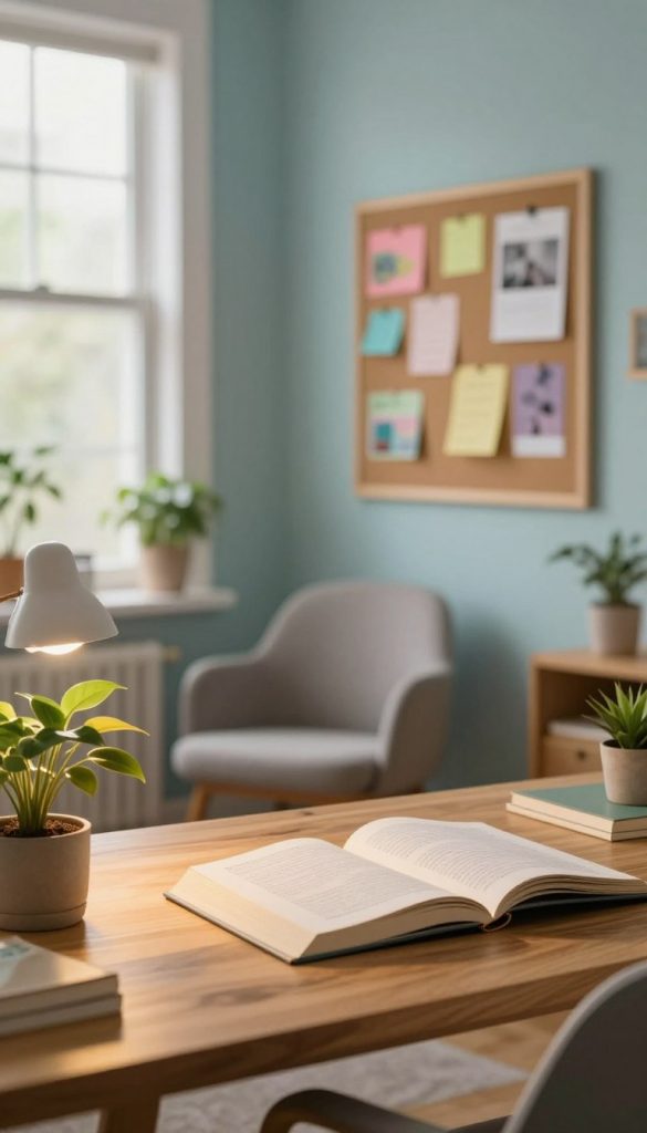 A serene learning environment showcasing a cozy study area. In the foreground, a wooden desk with open books, a potted plant, and a warm lamp emitting soft golden light. In the middle, a comfortable chair and a bulletin board decorated with colorful notes and images, suggesting creativity and organization. In the background, a softly lit room with large windows allowing natural light to stream in, surrounded by calming colors like soft blues and greens. The overall atmosphere is peaceful and inspiring, promoting focus and relaxation. Incorporate elements of a natural DIY aesthetic with warm colors in a Pinterest-inspired style. Brand name "KlickKiste" subtly integrated into the environment, ensuring a professional yet inviting feel. A serene learning environment showcasing a cozy study area. In the foreground, a wooden desk with open books, a potted plant, and a warm lamp emitting soft golden light. In the middle, a comfortable chair and a bulletin board decorated with colorful notes and images, suggesting creativity and organization. In the background, a softly lit room with large windows allowing natural light to stream in, surrounded by calming colors like soft blues and greens. The overall atmosphere is peaceful and inspiring, promoting focus and relaxation. Incorporate elements of a natural DIY aesthetic with warm colors in a Pinterest-inspired style. Brand name "KlickKiste" subtly integrated into the environment, ensuring a professional yet inviting feel.