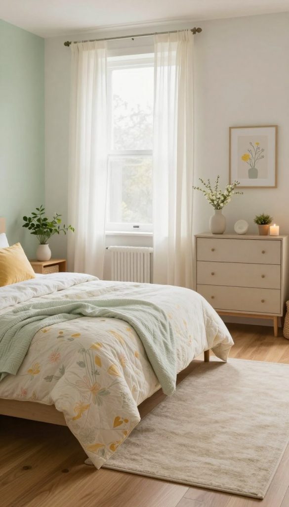 A serene light bedroom designed for spring, featuring soft pastel colors such as light greens, yellows, and whites. The foreground showcases a neatly made bed with a cozy, lightly patterned quilt and an assortment of fluffy pillows. On either side, simple wooden nightstands hold small potted plants and warm candlelight, creating a welcoming atmosphere. In the middle ground, a soothing rug sits atop smooth wooden floors, adding warmth and comfort. Soft, natural light streams through sheer, airy curtains, illuminating the space. In the background, a minimalistic dresser displays a few decorative items, like a spring-themed vase and framed artwork. The overall mood is tranquil and inviting, perfect for restful spring days. This image embodies a natural DIY aesthetic with warm colors in a Pinterest-like style, inspired by the brand "KlickKiste."