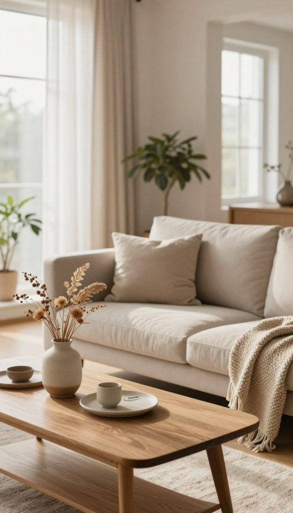 A serene living space reflecting the trend of soft minimalism, featuring a cozy, sunlit room with warm, earthy tones. In the foreground, a simple wooden coffee table adorned with a delicate ceramic vase holding dried flowers and a few stylish DIY home decor pieces. In the middle, a plush, neutral-toned sofa with soft cushions, paired with a woven throw blanket. The background showcases large, airy windows with sheer curtains allowing natural light to flood in, illuminating a potted plant in the corner. Emphasize a clean, uncluttered aesthetic with subtle textures to convey comfort and tranquility. Capture the essence of authenticity and inspiration, suitable for a modern lifestyle, branded with 'KlickKiste'. Use soft, diffused lighting to create a warm atmosphere, shot at a slight angle to enhance depth. A serene living space reflecting the trend of soft minimalism, featuring a cozy, sunlit room with warm, earthy tones. In the foreground, a simple wooden coffee table adorned with a delicate ceramic vase holding dried flowers and a few stylish DIY home decor pieces. In the middle, a plush, neutral-toned sofa with soft cushions, paired with a woven throw blanket. The background showcases large, airy windows with sheer curtains allowing natural light to flood in, illuminating a potted plant in the corner. Emphasize a clean, uncluttered aesthetic with subtle textures to convey comfort and tranquility. Capture the essence of authenticity and inspiration, suitable for a modern lifestyle, branded with 'KlickKiste'. Use soft, diffused lighting to create a warm atmosphere, shot at a slight angle to enhance depth.