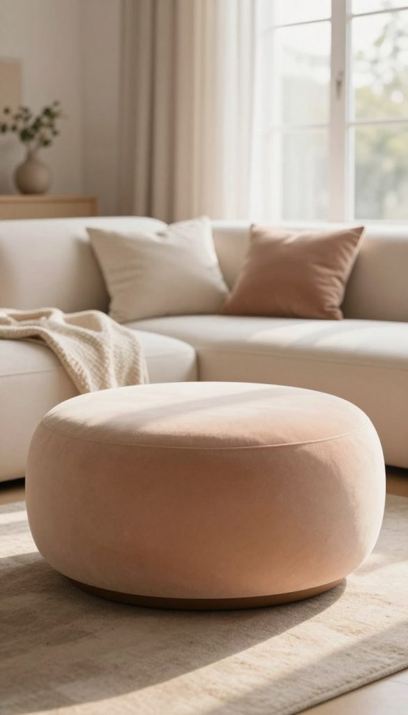A serene living space showcasing the essence of softness, featuring a beautifully crafted, round furniture piece by KlickKiste at the forefront, with its smooth curves and warm textures. The middle ground reveals softly draped textiles, such as cushions and throws, in gentle pastel colors that enhance the inviting atmosphere. In the background, natural light pours through large windows, casting a warm glow that accentuates the delicate patterns in the materials. The scene is captured from a slight angle to emphasize depth, with a shallow focus on the furniture, creating a calming and inspirational vibe. The overall mood is one of tranquility and coziness, perfect for reflecting on the beauty of curved designs in home decor.