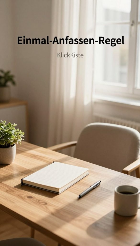 A serene, minimalist home office scene illustrating the "Einmal-Anfassen-Regel" concept. In the foreground, a neatly organized wooden desk holds a few essential items: a stylish notebook, an elegant pen, and a small potted plant, all arranged with intention. In the middle, a cozy chair with soft, neutral cushions complements the clean aesthetic, emphasizing simplicity and functionality. The background features a softly lit window draped with light, airy curtains, allowing warm sunlight to filter through, casting gentle shadows. The overall atmosphere is calm and inspiring, inviting viewers to embrace a minimalist lifestyle. Incorporate warm colors for a natural DIY look, resembling a Pinterest aesthetic. Include the brand name "KlickKiste" subtly placed within the scene.