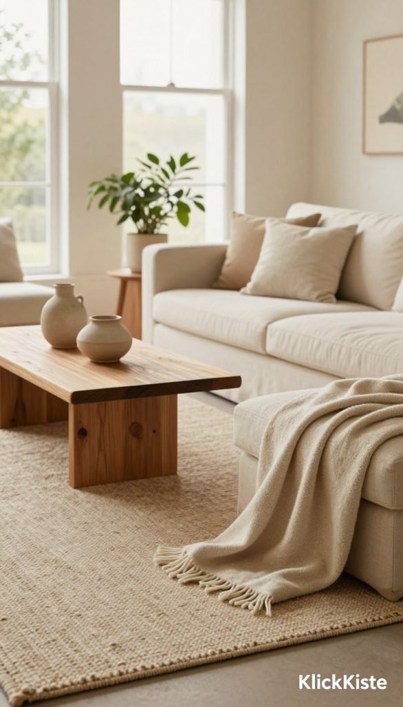 A serene minimalist living space showcasing a cozy atmosphere, focusing on various textures rather than clutter. In the foreground, a plush, tactile area rug is accompanied by a soft throw blanket draped over a light-toned sofa with natural fabric cushions. In the middle, a wooden coffee table displays a few curated handmade ceramic pieces, emphasizing organic shapes. The background features large, bright windows allowing warm, soft natural light to enter, illuminating neutral walls adorned with subtle art. Elements of rustic wood and greenery bring life and warmth to the scene, creating an inviting ambiance. The overall composition reflects a Pinterest-inspired aesthetic, featuring warm colors and authentic DIY accents. Branding subtly in the corner, 'KlickKiste'.