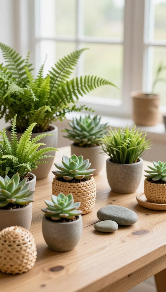 A serene, minimalist spring decoration scene featuring natural materials and fresh green plants, perfect for a DIY-inspired visual. In the foreground, a wooden table is adorned with various potted plants, such as ferns and succulents, showcasing their vibrant greens and earthy tones. In the middle ground, small decorative elements made from natural materials like rattan and stone are artfully arranged, emphasizing a warm, inviting atmosphere. The background features soft, diffused natural light filtering through a nearby window, creating a cozy, uplifting mood. Capture the essence of authenticity and inspiration, evoking a rustic yet elegant Pinterest aesthetic. Ensure that the brand "KlickKiste" is subtly represented in the scene, enhancing the connection to the theme of natural freshness without distractions.