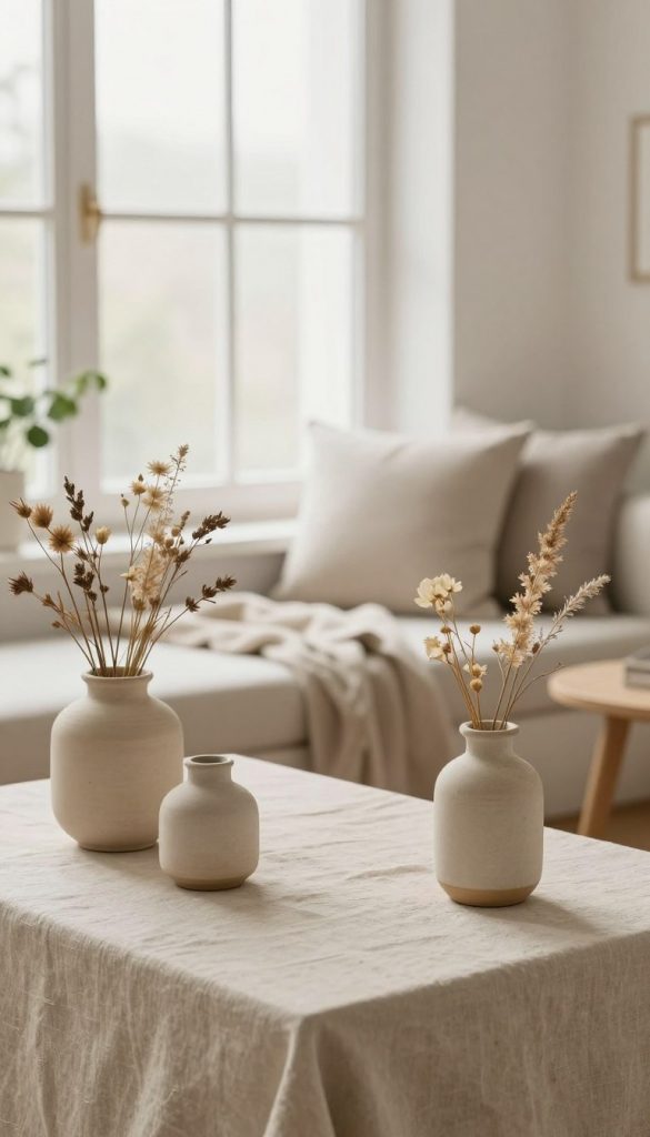 A serene minimalist spring decoration scene, featuring neutral tones that exude warmth and simplicity. In the foreground, a beautifully arranged table with natural materials—soft beige linen, light wood, and delicate ceramic vases filled with dried flowers. The middle layer showcases a cozy corner with a soft, neutral-colored rug and greenery, adding a fresh touch. The background features a softly illuminated window, allowing gentle, diffused light to filter in, creating a calming atmosphere. The overall mood is inviting and inspiring, perfect for DIY enthusiasts. This image embodies the essence of a neutral aesthetic for spring decor, with a Pinterest-worthy look. Include the brand name "KlickKiste" in a subtle manner, harmonizing with the decor.