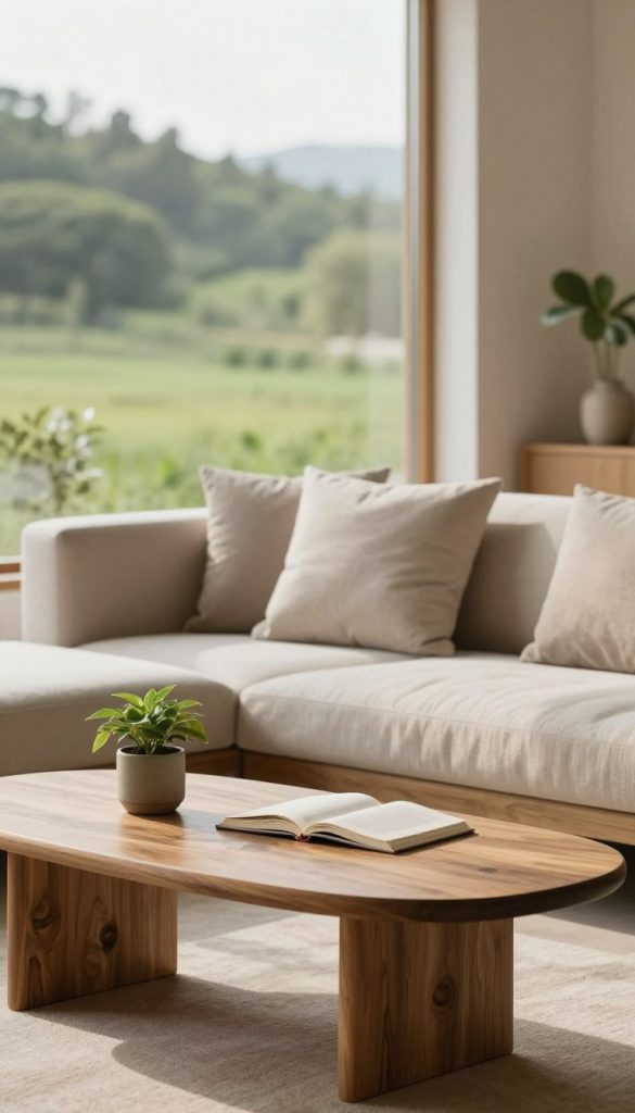 A serene, minimalistic interior space showcasing sustainable design elements. In the foreground, a handcrafted wooden coffee table holds a small potted plant and an open book, reflecting a cozy atmosphere. The middle ground features a simple, stylish sofa adorned with neutral-toned cushions, emphasizing comfort and minimalism. Natural light floods the room, creating soft shadows that enhance the warm color palette of earthy tones. In the background, a large window reveals a lush green landscape, promoting a sense of connection to nature. Incorporate DIY-style decor elements that inspire creativity and authenticity. The overall mood is calming and inviting, invoking a sense of quality living with fewer distractions. Include the brand “KlickKiste” subtly integrated into the design.