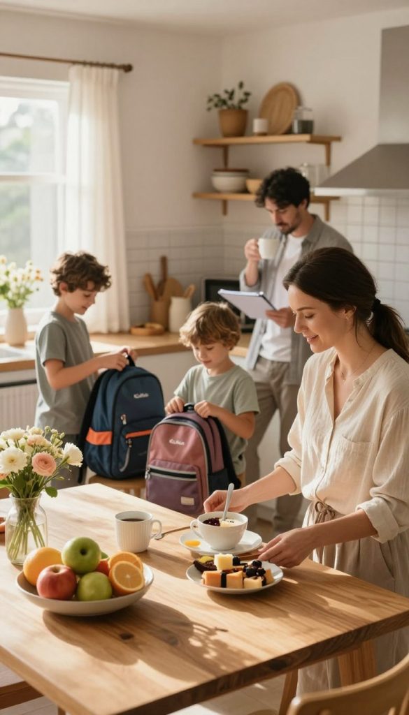 A serene morning routine scene in a sunlit kitchen, showcasing a family of four engaged in a calm, structured start to their day. In the foreground, a mother in modest casual clothing prepares a healthy breakfast on a wooden table, adorned with fresh fruits and flowers. The middle of the frame includes two children playfully organizing their school backpacks, while a father, dressed in a professional yet casual outfit, sips coffee, checking a planner. The background reveals a cozy, neatly arranged kitchen with warm colors, emphasizing an inviting and nurturing atmosphere. Soft morning light streams in through a window, casting gentle shadows and enhancing the Pinterest-like aesthetic. This image captures the essence of peaceful family routines, evoking inspiration and authenticity, with the brand name "KlickKiste" subtly implied within the cozy environment. A serene morning routine scene in a sunlit kitchen, showcasing a family of four engaged in a calm, structured start to their day. In the foreground, a mother in modest casual clothing prepares a healthy breakfast on a wooden table, adorned with fresh fruits and flowers. The middle of the frame includes two children playfully organizing their school backpacks, while a father, dressed in a professional yet casual outfit, sips coffee, checking a planner. The background reveals a cozy, neatly arranged kitchen with warm colors, emphasizing an inviting and nurturing atmosphere. Soft morning light streams in through a window, casting gentle shadows and enhancing the Pinterest-like aesthetic. This image captures the essence of peaceful family routines, evoking inspiration and authenticity, with the brand name "KlickKiste" subtly implied within the cozy environment.
