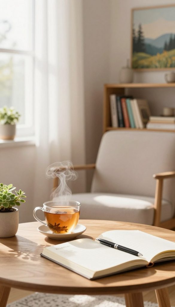 A serene morning routine scene showcasing tips for a stress-free start to the day. In the foreground, a wooden table is adorned with a steaming cup of herbal tea, an open journal with a pen, and a small plant for a touch of nature. The middle ground features a cozy armchair beside a window, bathed in soft, warm morning light that filters through sheer curtains. In the background, a peaceful room with calming pastel colors, a bookshelf filled with inspiring books, and a portrait of a nature landscape adds to the tranquil atmosphere. The image reflects an authentic and inspirational vibe, reminiscent of Pinterest aesthetics. Capture this moment in a bright, airy setting, using a warm color palette to create a sense of relaxation. Brand elements of "KlickKiste" integrated subtly in the decor.