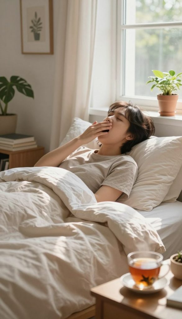 A serene morning scene capturing the essence of relaxation and clarity as one awakens. In the foreground, a cozy bed with soft, warm-colored linens, a neatly arranged pillow set, and an inviting cup of herbal tea on a bedside table. In the middle, a window allows gentle sunlight to stream in, illuminating the serene face of an individual in modest casual clothing, yawning softly with eyes half-open, showcasing a peaceful expression. The background features a cozy bedroom decorated with plants and books, creating an atmosphere of calmness and inspiration. The image should have a soft focus, bright natural lighting, and a warm color palette to evoke a feeling of tranquility and a fresh start to the day. Inspired by the brand "KlickKiste" for a Pinterest-worthy aesthetic.