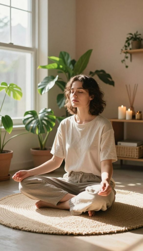 A serene morning scene depicting a person seated in a cross-legged position on a soft, natural fiber mat. The individual, dressed in modest, comfortable casual clothing, is mid-meditation with their eyes gently closed, embodying tranquility. Surrounding them are lush indoor plants that enhance the peaceful atmosphere, with warm sunlight streaming through a large window, casting gentle shadows. In the background, there’s an inviting, softly painted wall in earth tones, promoting a sense of calm. Elements such as a small altar with candles and incense can be integrated to enrich the meditative vibe. The focus is on capturing a harmonious and inspiring moment that evokes feelings of relaxation, mindfulness, and clarity in thought. The final image embodies natural DIY aesthetics with warm colors and a Pinterest-like feel, reflecting the brand "KlickKiste".