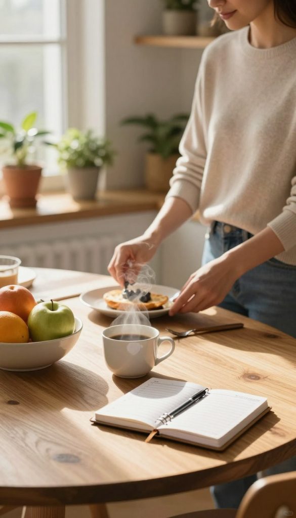 A serene morning scene depicting an organized, cozy kitchen setting, illuminated by soft, warm sunlight streaming through a window. In the foreground, a stylish wooden table is set with a steaming cup of coffee, a neatly arranged bowl of fresh fruits, and a small planner open, revealing a simple, effective daily schedule. In the middle, a calm adult in modest casual clothing (soft sweater and jeans) is preparing a quick breakfast, conveying a feeling of tranquility and efficiency. In the background, potted plants and light-colored shelves add warmth, with a slight bokeh effect to create depth. The atmosphere is one of inspiration and readiness for a hectic day, embodying the theme of a practical and relaxed morning routine. The overall image has a Pinterest-worthy aesthetic, promoting a natural and inviting vibe. Include elements that reflect the brand "KlickKiste" subtly throughout the scene.
