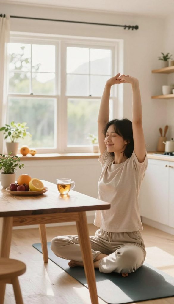 A serene morning scene in a bright and airy kitchen, filled with warm, natural light streaming through large windows. In the foreground, a person in modest casual clothing is joyfully stretching while sipping herbal tea, embodying relaxation and energy. Warm tones of soft pastels illustrate the inviting ambiance. In the middle, a wooden table is adorned with fresh fruits, a yoga mat, and a small potted plant, creating a sense of a calm yet active morning routine. The background features soft, blurred greenery outside, enhancing the atmosphere of tranquility and renewal. The entire composition conveys a harmonious and inspiring vibe, emphasizing the importance of movement without stress. Style inspired by Pinterest aesthetics. Branding subtly integrated: "KlickKiste".