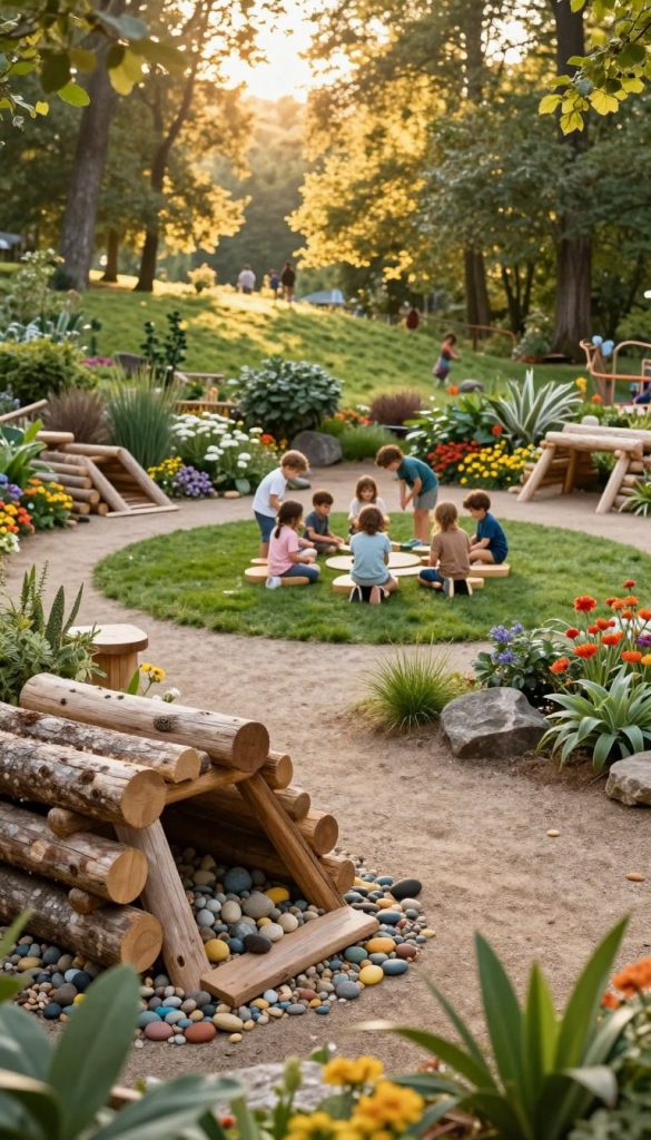 A serene, natural play area designed for children, featuring a variety of natural materials like stacked logs, colorful pebbles, and leafy greenery. In the foreground, a wooden play structure made from reclaimed timber invites exploration, while children dressed in modest casual clothing engage in creative activities. The middle ground showcases a small circle of soft grass where children gather to play games, surrounded by vibrant flowers and plants. In the background, a gentle slope leads to a sunlit forest, with golden sunlight filtering through the leaves, creating a warm, inviting atmosphere. The scene conveys joy, exploration, and connection with nature, highlighting the essence of natural play. The image reflects the aesthetic of "KlickKiste," featuring warm colors and an authentic, Pinterest-inspired look. The composition is captured with a soft-focus lens, enhancing the dreamy quality of the scene.