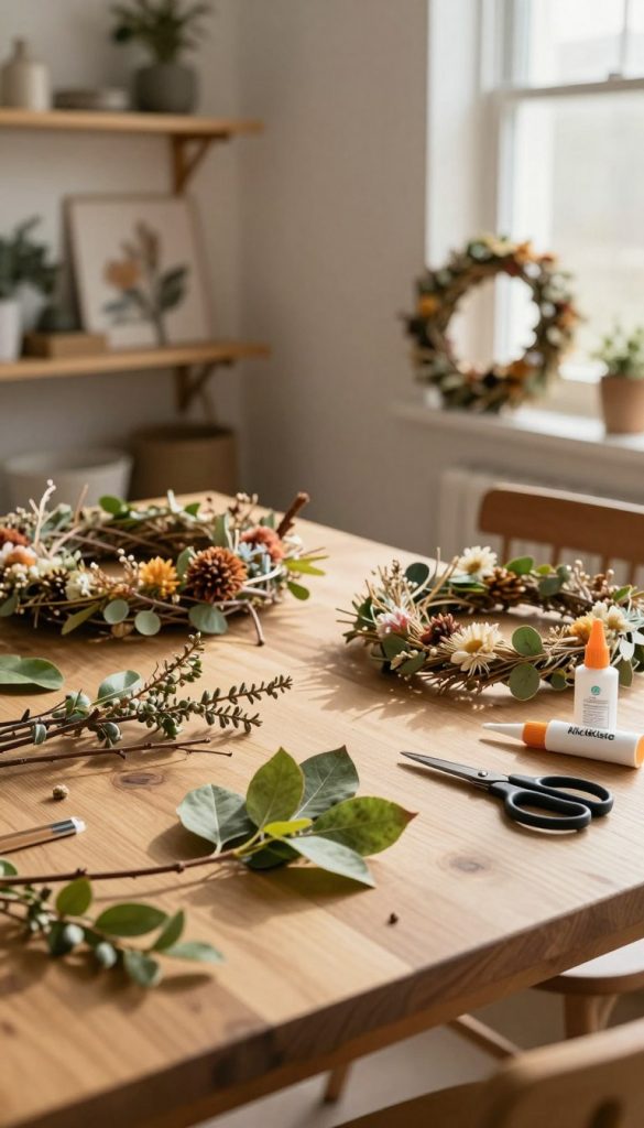 A serene, naturally lit workspace showcasing a DIY project focused on creating beautiful decor. In the foreground, a wooden table is adorned with various natural materials like twigs, leaves, and flowers, arranged thoughtfully to demonstrate crafting. Surrounding the materials, tools such as scissors and glue are neatly organized. In the middle ground, a partially constructed piece of decor is visible, such as a wreath made from dried flowers and greenery. The background features soft-lit shelves displaying completed projects, all in warm, inviting colors that evoke a cozy atmosphere. The overall mood is inspiring and tranquil, with sunlight streaming through a nearby window, highlighting the texture of the materials. Brand name "KlickKiste" subtly integrated into the scene, enhancing the creative ambiance.