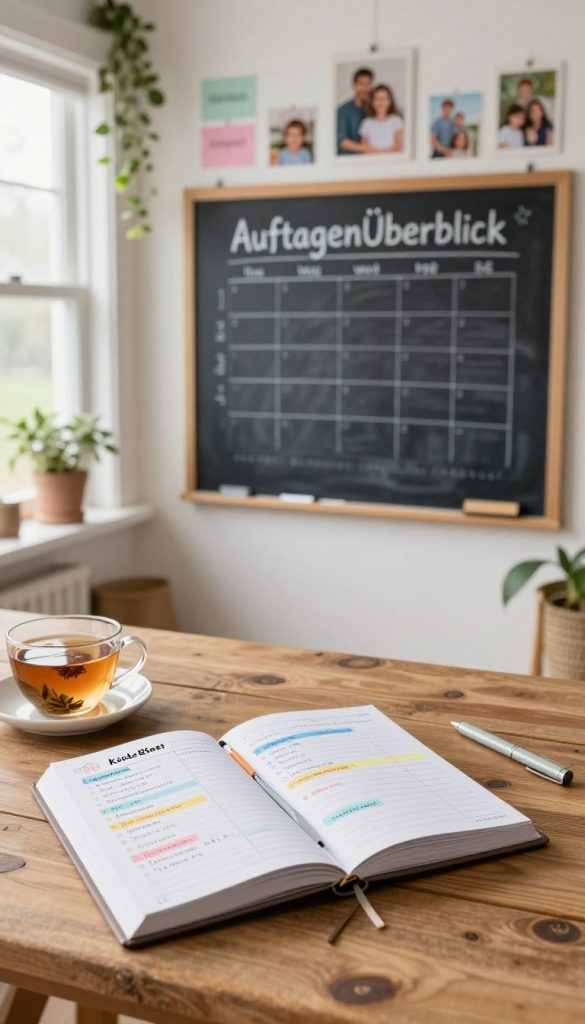 A serene, organized workspace embodying the concept of "Aufgaben Überblick" for family time management. In the foreground, a rustic wooden desk featuring a stylish planner open to a page filled with colorful task lists and notes, accompanied by a cup of herbal tea. In the middle ground, a cozy, well-lit room showcasing a large chalkboard with neatly drawn schedules and a calming assortment of family pictures, along with motivational quotes in soft pastel colors. The background includes a large window with natural light streaming in, adorned with greenery to enhance a calming atmosphere. Aim for warm, inviting colors reminiscent of a Pinterest aesthetic. The composition should evoke inspiration and calmness, illustrating a balanced approach to mental load reduction. Include a subtle logo of "KlickKiste" within the workspace.