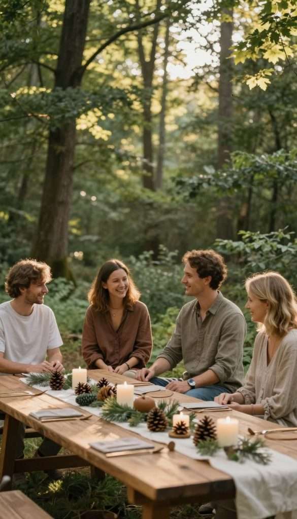A serene outdoor ritual space designed for family connection and emotional well-being. In the foreground, a rustic wooden table adorned with natural decor, including pinecones and candles, set for a small family gathering. In the middle, a group of four individuals, dressed in modest casual clothing, participating in a mindful activity together, surrounded by a lush green forest. The background features tall trees with dappled sunlight filtering through the leaves, creating a warm, inviting atmosphere. Emphasize soft, golden hour lighting to enhance the warmth of the scene, with a shallow depth of field focusing on the family's expressions of joy and cooperation. The overall mood is calming and inspirational, epitomizing natural DIY aesthetics, aligning with the brand "KlickKiste."