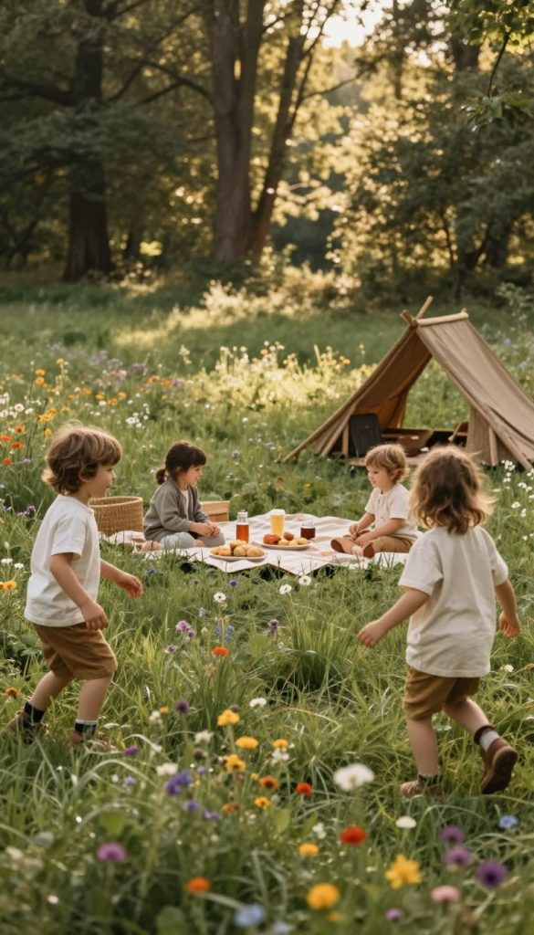 A serene outdoor scene capturing the essence of nature and family adventures. The foreground features children playing joyfully in a lush green meadow, wearing modest, casual clothing, surrounded by colorful wildflowers. In the middle ground, a picnic blanket is laid out with homemade snacks and drinks, exuding warmth and comfort. A cozy, handcrafted wooden structure can be seen, suggesting a space for family gatherings or storytelling. The background showcases a gentle forest with dappled sunlight filtering through the trees, creating a magical atmosphere. The color palette includes warm, earthy tones to evoke a sense of coziness and inspiration. The image should have soft, natural lighting that emphasizes the beauty of the outdoors, capturing the essence of a joyful and tranquil family adventure. Include the brand name "KlickKiste" subtly in the scene.