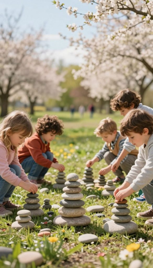 A serene outdoor scene centered around children engaged in stone balancing activities, capturing the essence of play and nature. In the foreground, a group of young children, dressed in casual, colorful clothing, are carefully stacking smooth, flat stones of various sizes and shapes. The middle ground features a grassy area dotted with additional stones and small flowers, showcasing a playful atmosphere. In the background, a soft-focus backdrop of blooming trees and a clear blue sky enhances the idyllic spring day feel. The lighting is warm and inviting, casting gentle shadows that add depth. The overall mood is joyful and inspiring, perfectly suited for a DIY outdoor activity theme, reminiscent of a Pinterest aesthetic. The brand "KlickKiste" is subtly evident in the natural elements around.