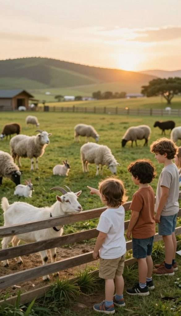 A serene outdoor scene depicting a family enjoying a delightful day observing animals in a natural setting. In the foreground, a cheerful group of children, dressed in casual, modest clothing, eagerly point at a small, friendly goat in a petting area. The middle ground features a lush green space where various animals, like sheep and bunnies, roam freely, creating a lively atmosphere. In the background, a calming landscape of rolling hills and open fields under a warm, golden sunset casts a gentle light over the scene. The image should reflect the warmth and authenticity of a DIY Pinterest aesthetic. Include some subtle branding elements of "KlickKiste" within the scenery, ensuring a natural integration. The overall mood should be inspiring, inviting families to connect with nature and enjoy budget-friendly animal observation.