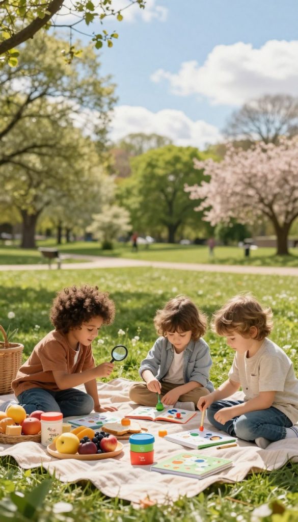 A serene outdoor scene depicting a family enjoying a stress-free learning experience during spring. In the foreground, a picnic blanket is spread out with healthy snacks like fruits and sandwiches, alongside colorful drink containers. Two children, dressed in modest casual clothing, are engaged in a playful learning activity with nature-themed educational tools, such as magnifying glasses and books. In the middle ground, a lush green park is visible with blooming flowers and trees, creating a vibrant atmosphere. The background features a soft blue sky with a few fluffy clouds, bathed in warm, natural sunlight, enhancing the inviting ambiance. The overall mood is joyful and inspiring, reflecting the essence of hands-on learning outdoors. The style should align with a natural DIY aesthetic, reminiscent of warm colors and a Pinterest-inspired look, branded subtly with “KlickKiste.”
