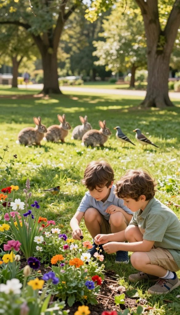 A serene outdoor scene depicting children engaging in nature exploration, observing various plants and animals. In the foreground, two curious kids, dressed in modest casual clothing, kneel beside a colorful flower bed, examining delicate petals and small insects. In the middle ground, a lush green patch of grass hosts a small family of rabbits and birds, creating a harmonious interaction with nature. The background features tall, leafy trees bathed in warm sunlight, casting dappled shadows, enhancing the inviting atmosphere. The image should evoke a sense of wonder and discovery, embodying the spirit of outdoor research and learning. The composition should have a natural DIY aesthetic, with warm colors, reflecting the brand "KlickKiste" for an authentic and inspirational vibe.